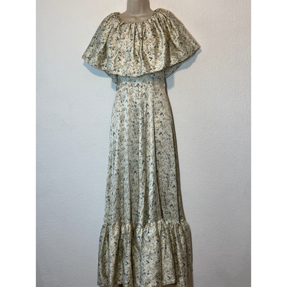 Vintage 70 Handmade Floral Ruffle Maxi Dress Blue Cream Satin Cottagecore Boho